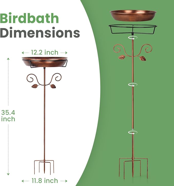 Ieuan 35.4" Tall Metal Bird Bath for Outdoors with 2.2" Deep and 12'' Dia Bowl, Removable, Easy - Clean, Vintage Freestanding Birdbaths & Birdfeeder for Garden Yard Lawn Decor, Glod
