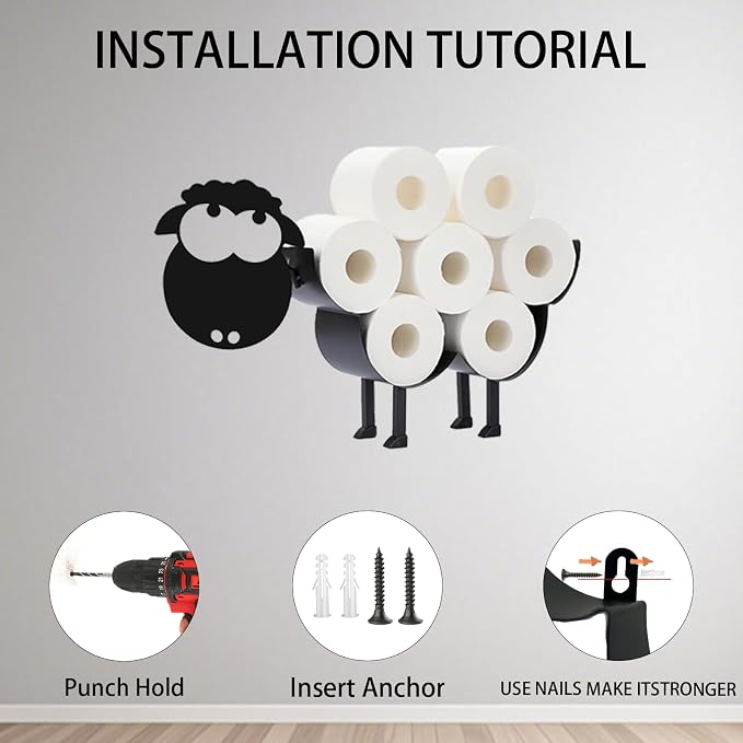 Cute Sheep Toilet Tissue Holder,Animal Paper Holders,Decorative Metal Papers Holder,Funny Toilet Animal Storage for Bathrooms,Bathroom Paper Organizer for Extra 8 Rolls Stand & Wall Mounted Art Decor