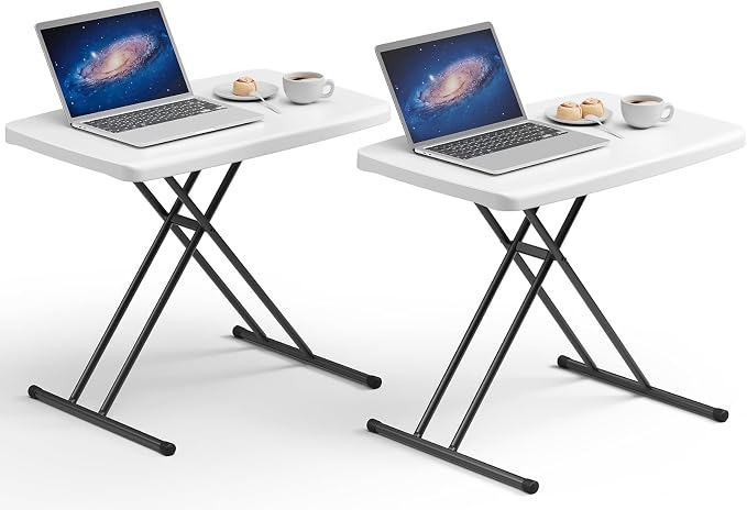 30 Inch Folding Table Set of 2, Adjustable Height TV Tray for Small Spaces, Heavy Duty Foldable Utility Table for Laptop, Dining, Camping, No Assembly, 200 lbs Capacity, White Granite