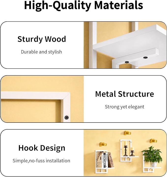 Wall Plant Holder with Grow Lights Set of 2 for Indoor Outdoor, Floating Flower Display Stand for Living Room, Bedroom, Bathroom, Kitchen, Entryway, White (3, White)