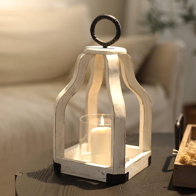 SwallowLiving 13" Rustic Farmhouse Wood Candle Hurricane Lantern with Glass Candlestick Holder for Patio, Table Centerpiece, White