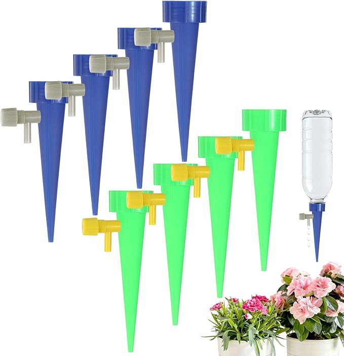 M METERXITY 8-Pack Self Watering Spikes for Plants, 4.3 Inch Plastic Plant Watering Devices with 8 Regulator for Indoor/Outdoor Pots, Garden Water Planter System [Dark Blue/Green]