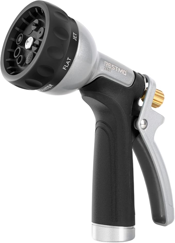 RESTMO Heavy Duty Metal Garden Hose Nozzle, Water Hose Nozzle with 7 Adjustable Spray Patterns, High Pressure Hose Sprayer with with Flow Control, for Plants & Lawns, Washing Cars & Pets, Black