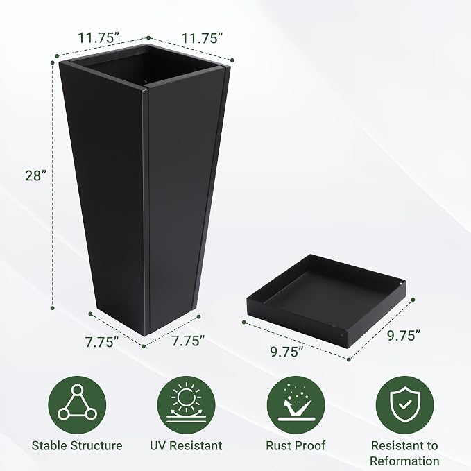 28" Metal Tall Outdoor Planters Set of 2, Durable & Wealtherproof | Tall Planters with Drainage Insert Shelve & Trays, Black Outdoor Planters for Porch, Garden, Yard