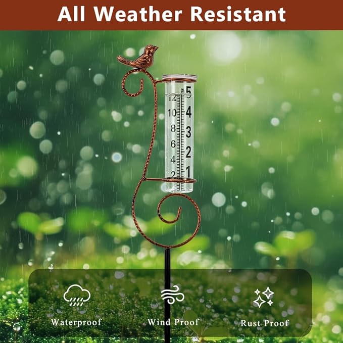 Rain Gauge Outdoor, Hummingbird Rain Gauges for Yard, Freeze Proof Rain Gauge with 7" Glass Tube, Metal Decorative Garden Stake for Measuring Precipitation