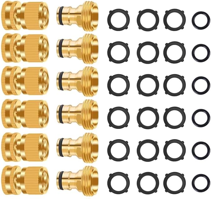 Garden Hose Quick Connector, No-Leak 3/4 Inch GHT Thread Fitting Water Hose Female Adapter and Male Adapter, Heavy-Duty Rust Resistant Brass Water Pipe Connect, Easy to Use (6 Pack ）