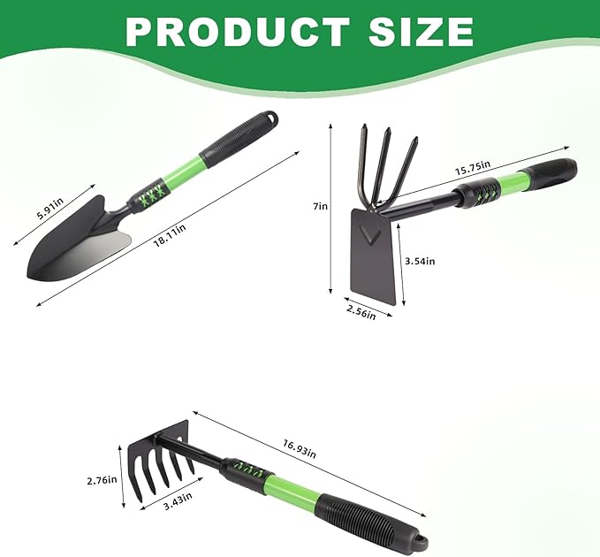 Garden Shovel, 3 Pack Lightweight Heavy Duty Spade Shovel, Garden Tools and Hand Rake with Soft Rubber Non-Slip Handle, for Gardenging Planting Weeding Digging, Green ﻿