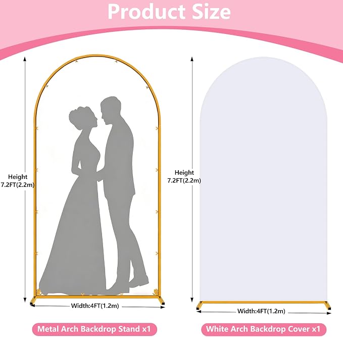 Metal Arch Backdrop Stand and Cover Set, 7.2FT Gold Wedding Backdrop Arch Frame Stand with Cover, Balloon Arch Stand with White Arch Cover for Party Birthday Baby Shower Graduation Decorations