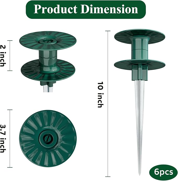 Zapdos 6PCS 10 Inch Heavy Duty Outdoor Yard Garden Hose Guides, Dark Green Metal Stakes with Rotatable Spin Top, Durable Hose Spikes Keep Water Hose Away from Flower Beds & Lawn Plants