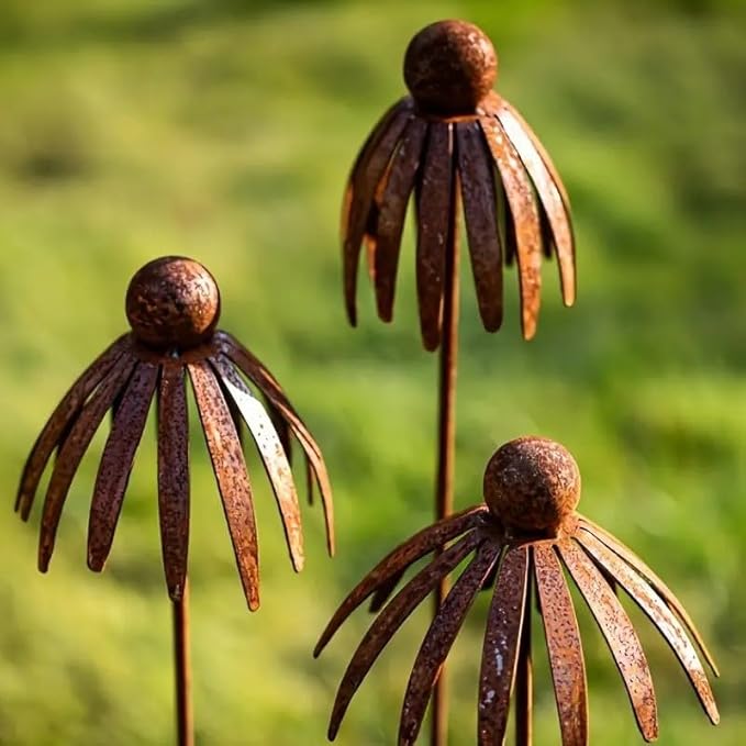 Rustic Metal Coneflower Garden Stakes, Set of 3, Rusted Iron Daisy Yard Art, 30.71x5.12 Inch, Weather-Resistant Lawn Pathway, Patio Decor (Bronze)