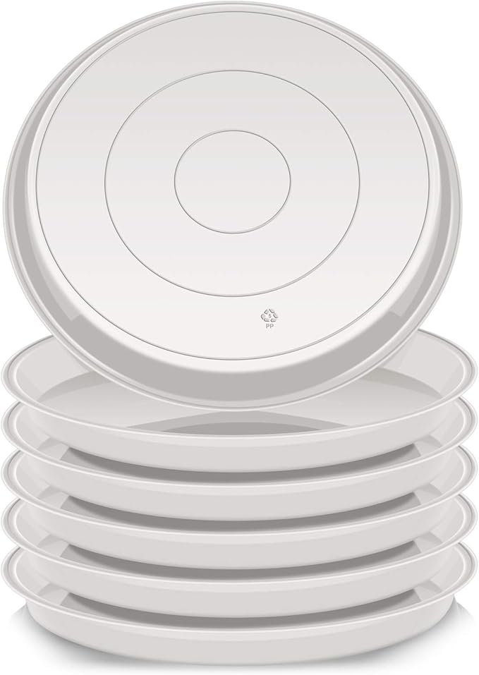 VUWEZ 6 Pack Plant Saucer Tray, 4 6 8 10 12 15 16 18 20 inch Plant Saucers for Indoors, Durable Plastic Flower Planter Plant Water Drip Trays Round, Pot Saucers, Plant Trays for Pots (6", White)