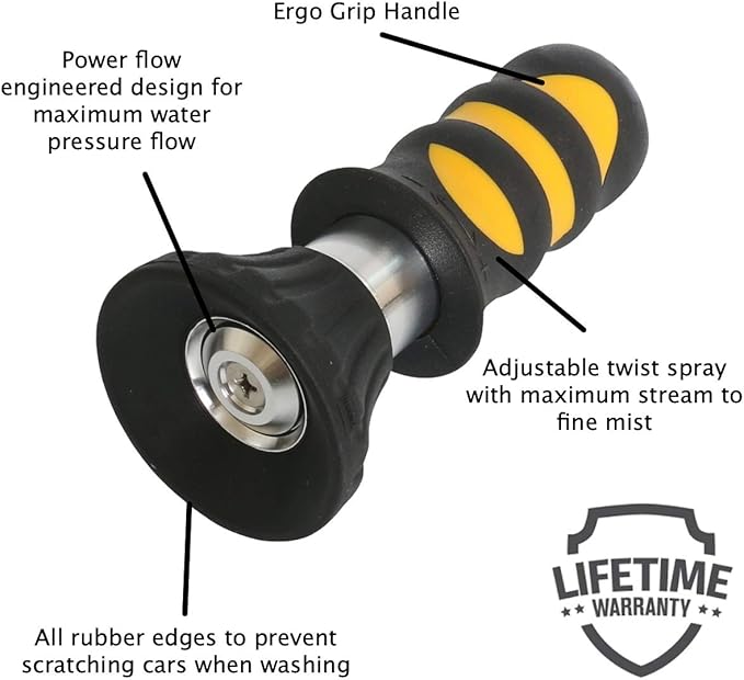 Rocky Mountain Goods Fireman’s Power Spray Nozzle - Heavy Duty High Pressure Fireman Sprayer for Garden Hose - Leakproof Guarantee - Ergo Handle - Adjust Heavy Stream to Mist - Max Water Flow