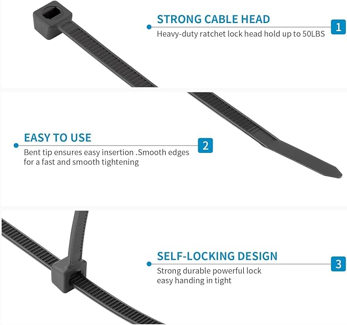 XINGO 1000PCS 18 Inch Black Zip Ties Heavy Duty, 60lb Tensile Strength, UV Resistant Cable Ties for indoor and outdoor use ﻿