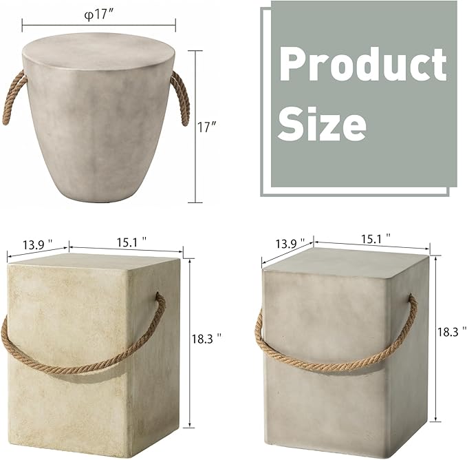 SUNBURY Outdoor Side Table Concrete Side Table, 17" H Small Outdoor Side Table End Table for Patio w Hemp Rope, Ceramic Round Coffee Table Accent Table Garden Outdoor Plant Stands