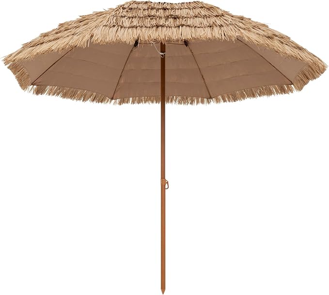 Tangkula 8Ft Tiki Patio Umbrella, UPF50+ Hawaiian Style Outdoor PE Grass Umbrella with 8 Ribs, Portable Thatched Beach Umbrella for Garden, Yard, Poolside