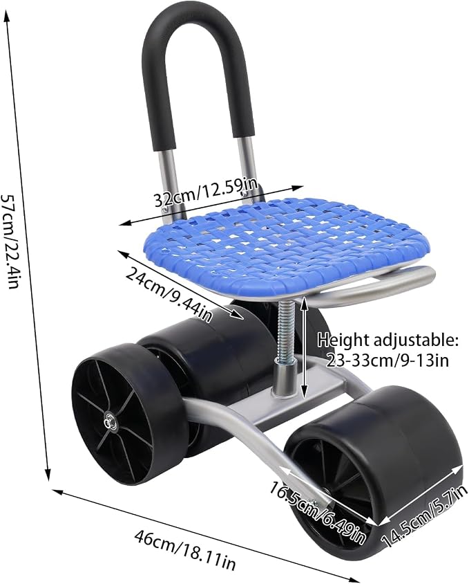 Garden Work Seat with Wheels, 360° Swivel Height Adjustable Rolling Garden Stool, Heavy Duty Garden Scooter with Galvanized Steel Frame for Planting, Picking, Weeding and Yard Work