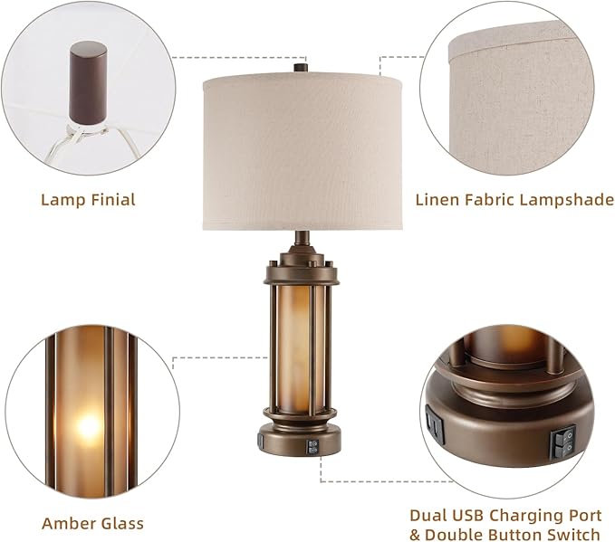 AIEAMPDO Set of 2 Farmhouse Table Lamps with 2 USB C+A Ports | Rustic Vintage Design, Amber Glass Nightlight, 4 Bulbs Included, for Living Room Bedroom Nightstand