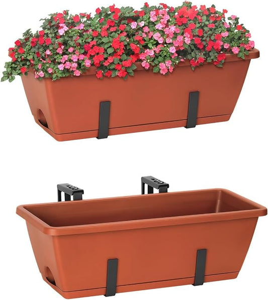 Railing Planter Boxes for Plants, 2 Pack Deck Hanging Planters for Railings, Over Railing Planter Box, 16.9 Inch Balcony Planters Railing Hanging with Metal Brackets, Red