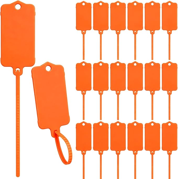 LeonBach 100 PCS Plastic Shipping Tags, 1.46" x 2.48", Waterproof Labels Writable Hanging Tag with Sealing Strap, Shipping Cable Tie Label Tags for Keys Luggage Logistic Retail Inventory(Orange)