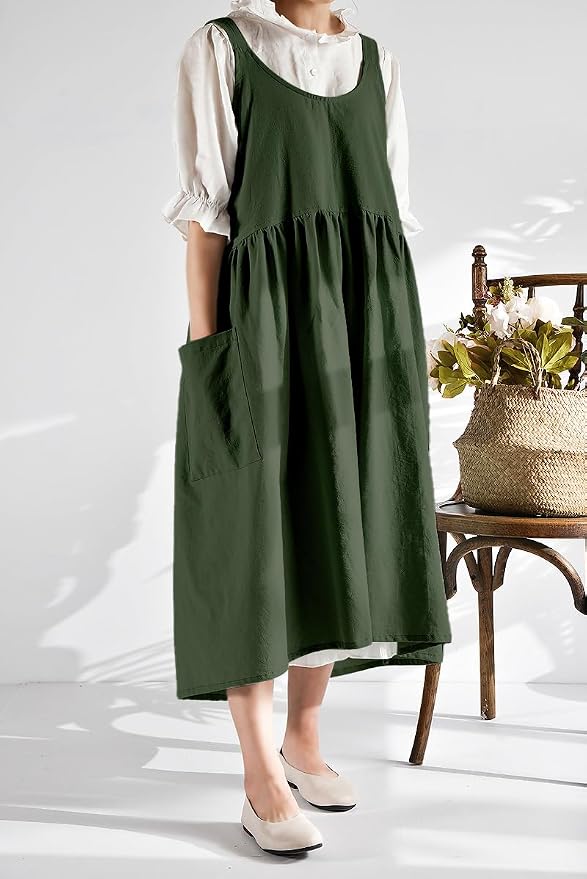 Uaussi Cotton Linen Apron Cross Back Work Apron for Women with Pockets Pinafore Dress X Cross Halter Apron for Chef Gardening