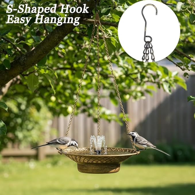 Hanging Solar Bird Bath for Outdoors, Metal Solar Powered Bird Bath Fountain, No Batteries Needed, 12.6" Hanging Bird Baths for Garden Patio Lawn Decor, Gold