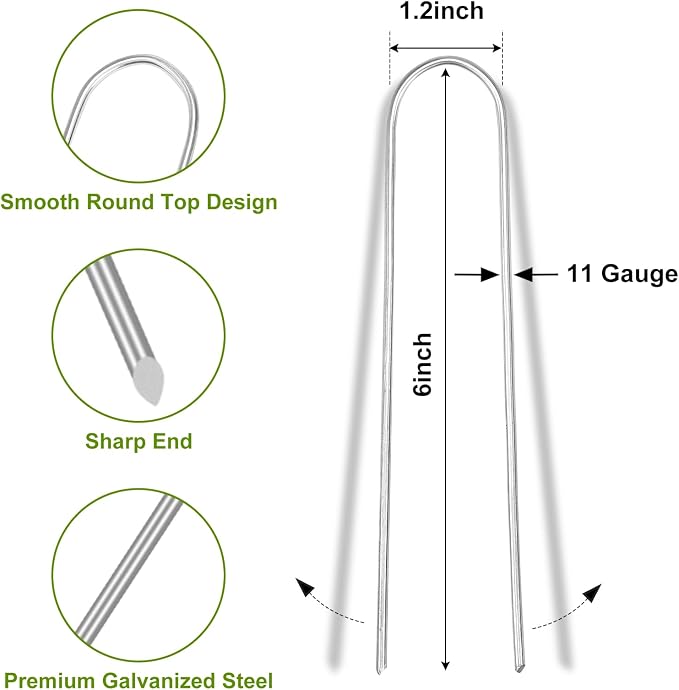 Whonline 22 Pack Landscape Staples 6 Inch, Galvanized Round-Top Garden Stakes Tent Stakes Heavy Duty 11 Gauge U Pins Ground Lawn Staples for Weed Barrier Fabric, Fence, Irrigation Soaker Drip Hose