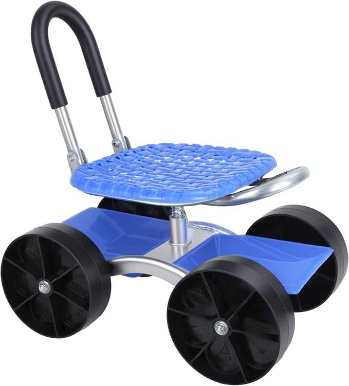 Cuteam Rolling Garden Seat, Utility Garden Stool with Flat Wheels, Foldable Lazy Seat Stool, Picking Rotary Tool Cart with Storage Shelf, Adjustable Height (Blue)