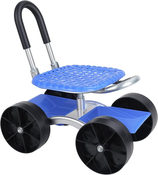 Cuteam Rolling Garden Seat, Utility Garden Stool with Flat Wheels, Foldable Lazy Seat Stool, Picking Rotary Tool Cart with Storage Shelf, Adjustable Height (Blue)