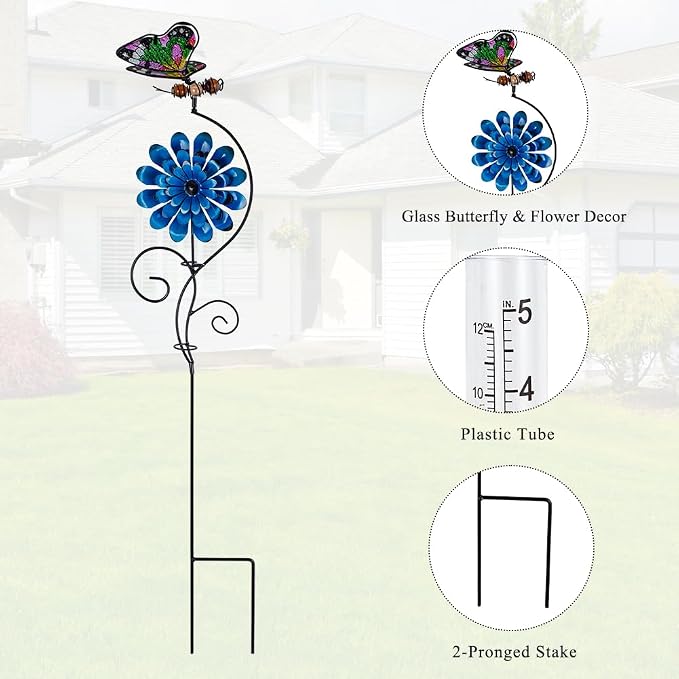 Rain Gauge Outdoor, 3 Pack Butterfly Rain Gauges with 5" Plastic Tube, Metal Flower Decorative Garden Stakes for Yard Patio Lawn Decor