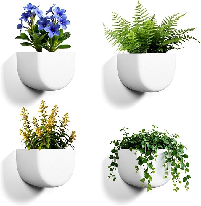 Asnext 2 Pack Wall Hanging Planter Pots for Indoor and Outdoor Plants, 7 Inch Half-Moon-Shaped Plastic Wall Planter, Wall Mounted Succulent Planters (White)