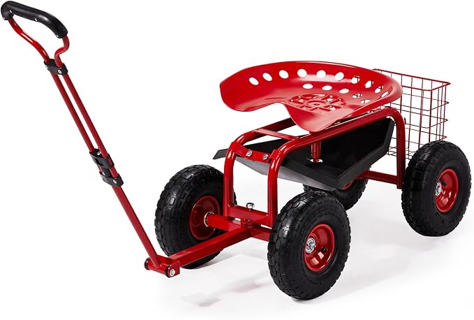 VINGLI Rolling Garden Seat with Wheels, Heavy-Duty Steel Cart for Yard Work and Planting, Best Gardening Tools with 360-Degree Swivel, Red