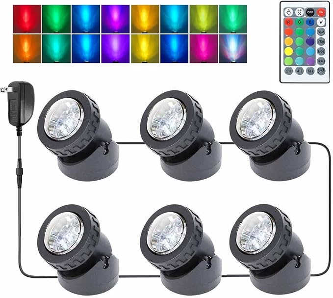 Submersible Pond Lights Colored Timer Weighted Fountain Lights | Underwater IP68 Waterproof Memory RGB Color Changing Dimmable Outdoor LED Spotlights, 6 Lights