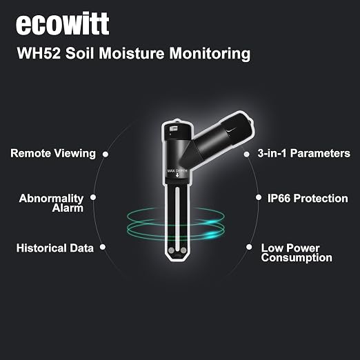 ECOWITT WH52 Soil Meter, Soil Moisture/Temperature/EC 3-in-1 Sensor, Sensor Only, Need to Pair with A Gateway or Console, 915 MHz