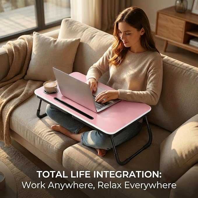 BUYIFY Foldable Laptop Bed Desk for Couch, Sofa - Large Lap Desk Tray Table with Cup Holder and Tablet Slot - Portable Notebook Stand for Eating, Writing, Studying and WFH (Pink)-USA Original Patent