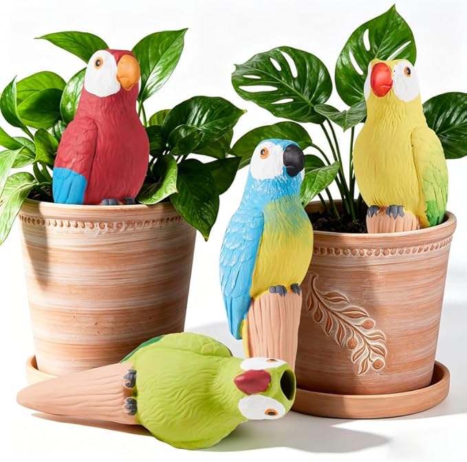 Yeswhat Self Watering Plant Spikes 4 Pack, Terracotta Parrot Automatic Plant Waterer for Indoor Outdoor Plants, Slow Release Watering Stakes, Vacation Plant Watering Devices for Potted Plants Garden