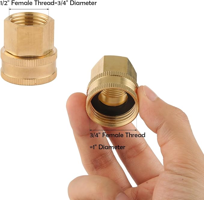 2 Pack Garden Hose Adapter,1/2" NPT to 3/4" GHT Connector with Dual Swivel, Brass Garden Hose Convert Adapter Fitting, Garden Hose Thread 3/4" Female to 1/2" Female Pipe Thread, with Extra 2 Washers