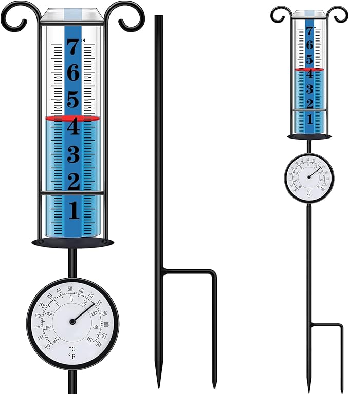 JMBay Rain Gauge Outdoor with Thermometer, Rain Gauges Outdoors Best Rated, Large Font Rain Measure Gauge for Yard, Rain Water Meter with Thickened Plastic Tube and Duralbe Metal Stake for Patio,Lawn