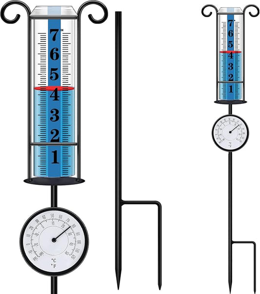 JMBay Rain Gauge Outdoor with Thermometer, Rain Gauges Outdoors Best Rated, Large Font Rain Measure Gauge for Yard, Rain Water Meter with Thickened Plastic Tube and Duralbe Metal Stake for Patio,Lawn