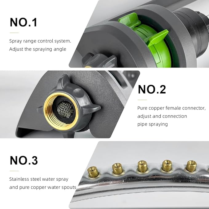 Lawn Sprinkler, Oscillating Sprinkler for Yard with 18 Hole Brass Nozzles, Watering for Lawn & Garden Covers up to 3,600 sq.ft, Easy Adjust Range Control, Built-in Spray Jet Cleaning Needle (Gray)