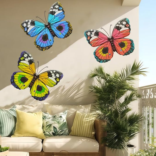 Hanging Butterfly Decorations Fence Decor 3 Pieces Metal Colourful Butterflies Outdoor Wall Art for Garden, Patio, Outside, Home, Farmhouse, Living Room, Dining Room, Rustic Country