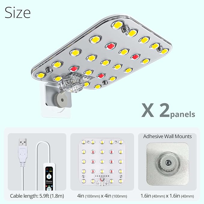 Full Spectrum LED Grow Light for Indoor Plants, 2 Panels 10W with 6/12/16h Timer Dimmable Plant Lights for Flower Veg Plant Growth USB,Daylight White, 1-Pack Kit