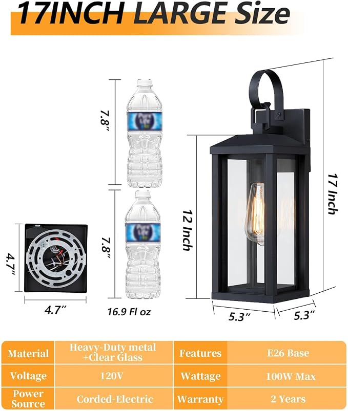 Large Outdoor Wall Light Fixtures 2-Pack, Anti-Rust Porch Lights with Clear Glass, 17" Modern Farmhouse Black Exterior Lighting Fixtures, Waterproof Outside Sconce Coach Lights for Garage House