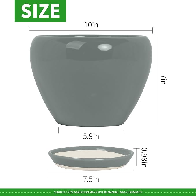 Deep Dream 10 Inch Plant Pot- Ceramic Planter Pot Round Plant Pots for Indoor Plants Outdoor Large Flower Pot with Drainage Holes & Trays, Grey