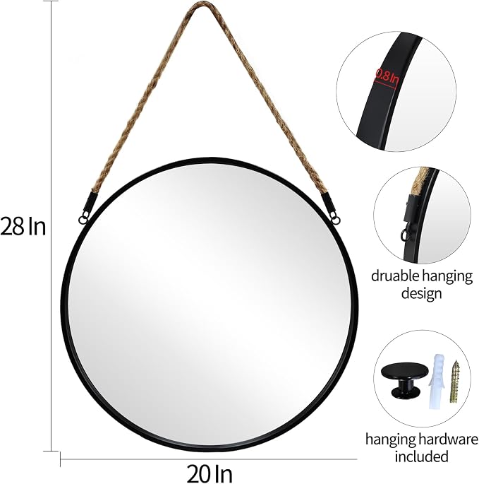 POZINO Round Hanging Mirror with Rope, 20" Farmhouse Decorative Mirror with Black Metal Frame, Circle Wall Mirror for Bathroom, Bedroom, Living Room, Entryway, Fireplace