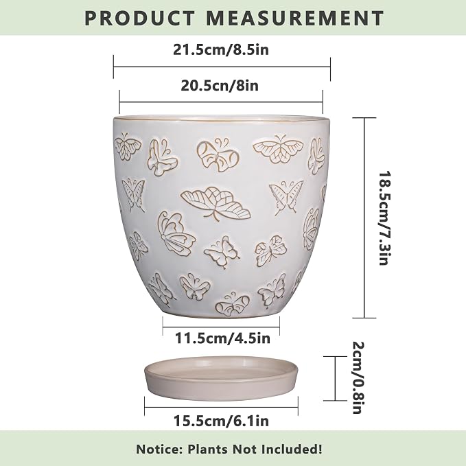 Ceramic Planter 8 Inch - White Plant Pot with Drainage Hole and Saucer Modern Flower Pot for Indoor Outdoor Plants