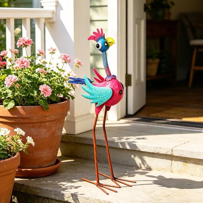 Metal Rooster Statue Outdoor Garden Decor,19" Wacky Rooster Decor Yard Statue Decorations Outdoor,Funny Chicken Sculpture for Patio, Lawn, Backyard (Pink)