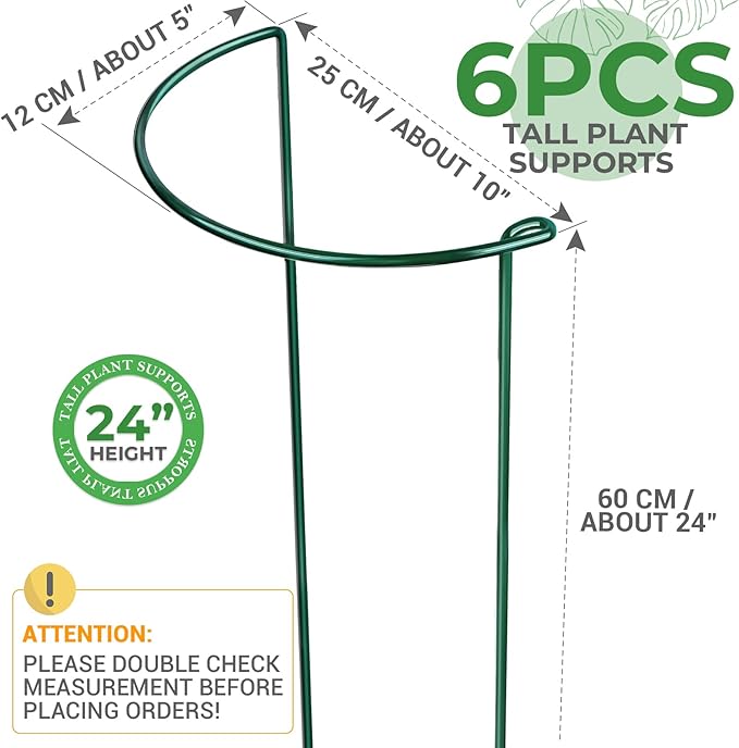 LEOBRO Plant Support Plant Stakes, 6pcs Peony Cages and Supports, Metal Garden Stakes Plant Supports, Plant Support Stakes, for Peony, Tomato, Hydrangea, Indoor Outdoor Plants, 10" W x 24" H