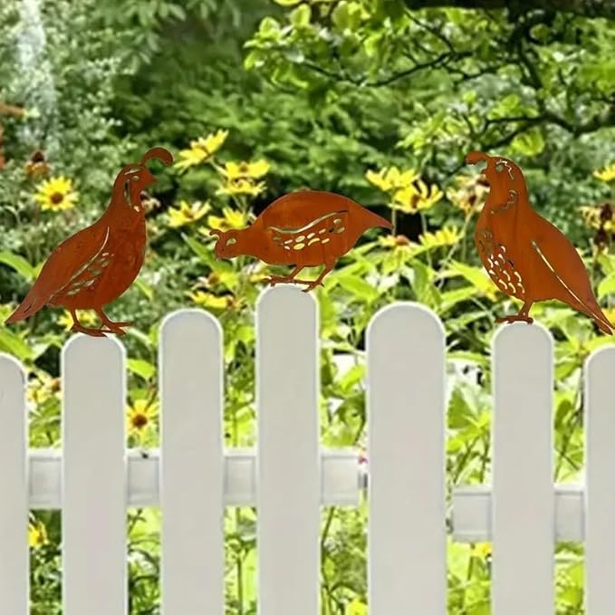 3 Pack Rusty Quail Family Decorative Garden Stakes, Metal Birds Statues Garden Sculptures and Yard Art, Patio, Lawn Ornaments Decor(Brown)