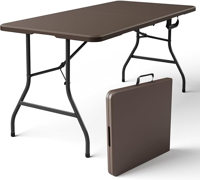 Folding Table 5ft - Heavy Duty Fold-in-Half Plastic Table, Portable Utility Tables with Steel Legs for Indoor, Outdoor, Picnic, Camping, Dining, Party (Brown)