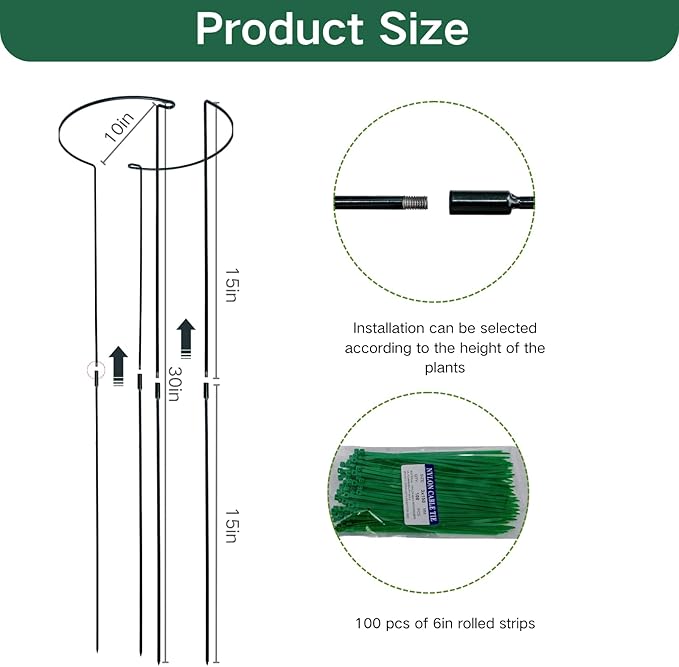 30in Tall Heavy-Duty Plant Support Stakes, 6 Pack Adjustable Peony Cages & Supports for Outdoor Plants, Large Garden Plant Stakes for Peony, Tomato, Hydrangea with Extension Stakes